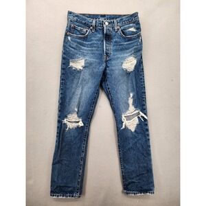 Levis 501 Original Fit Distressed Straight Leg Denim Jeans Blue 28×30 12501-0421